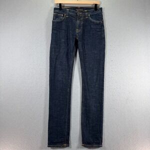 Nudie Thin Finn Jeans Mens 30x32 Blue Dark Wash Skinny Leg Raw Denim Dry Twill‎